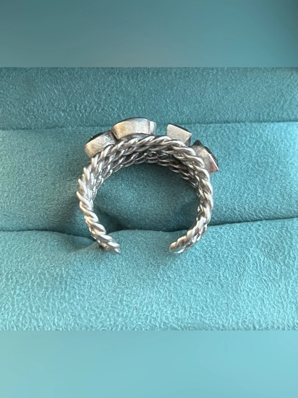 Silver-Tone Adjustable Wrap Cocktail Ring Multi-Row Twisted Rope Clear Crystals